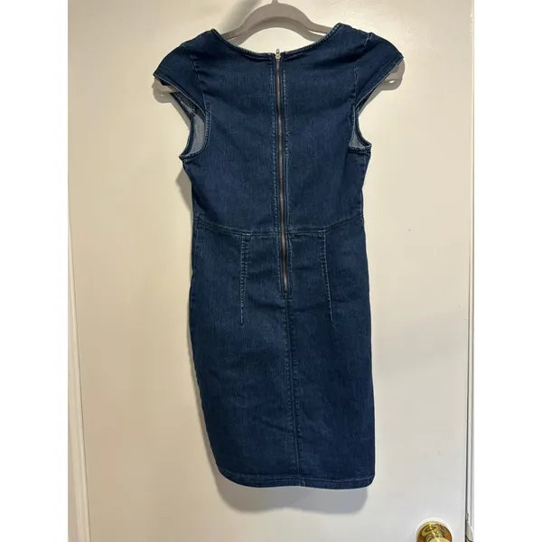 Free People Denim Mini Dress SzS Y2K Bodycon Sweetheart Dark Wash flutter sleeve - Image 3