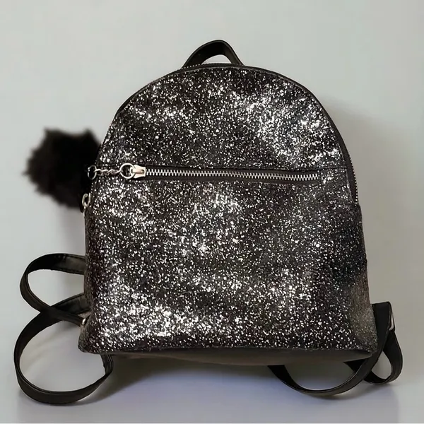 Black Glitter Faux Leather Mini Backpack with Pom-Pom Charm & Zippered Pockets - Image 4