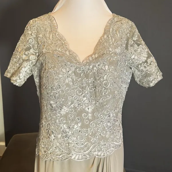 Women’s Full Length Gray Chiffon & Lace Appliqué Formal Dress Zip Back Size 10 - Image 2