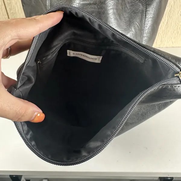 Anthropologie Leather Akimbo Shoulder Tote Bag w/ Pouch Black Charcoal Brass - Image 8