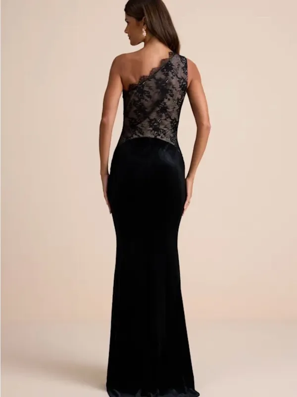 Lulus Razela Black Velvet Lace One-shoulder Maxi Dress - Size XS - Image 2