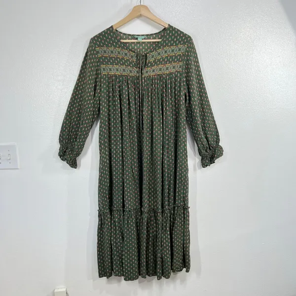 April Cornell Candlelight Smock Dress Large L Olive Green Block Print Boho Midi - Image 3