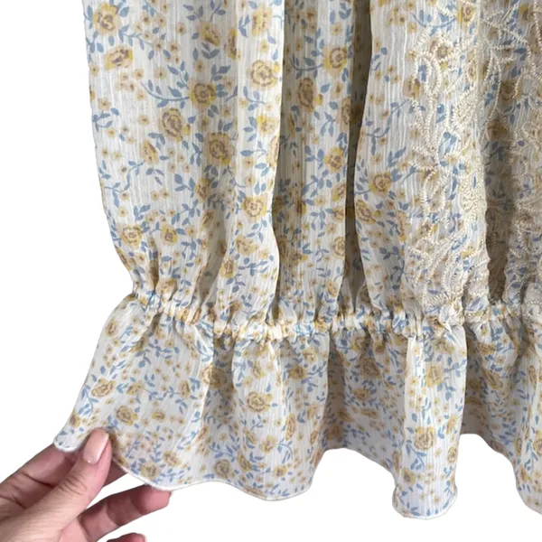 Free People Yellow Floral Wide Neck Embroidered Boho Blouse Women Sz XS - Image 4