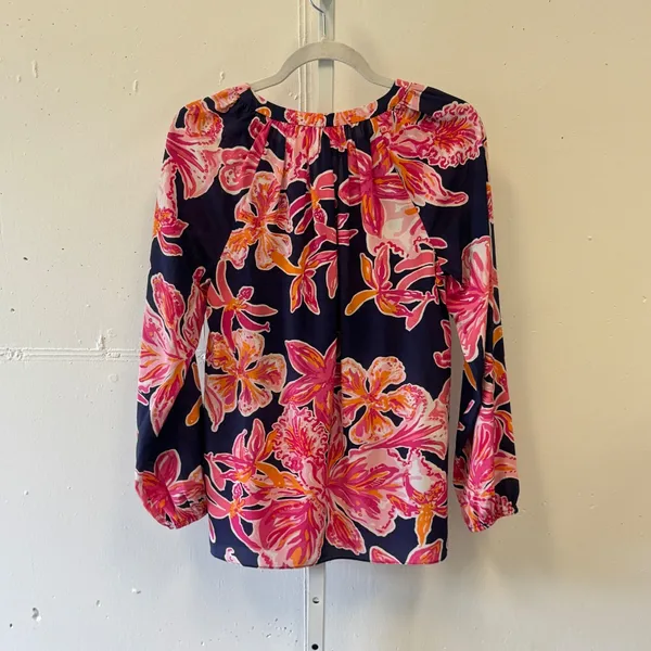 Lilly Pulitzer‎ Silk Floral Orchid Print Blouse Navy Pink Long Sleeve Small Boho - Image 2