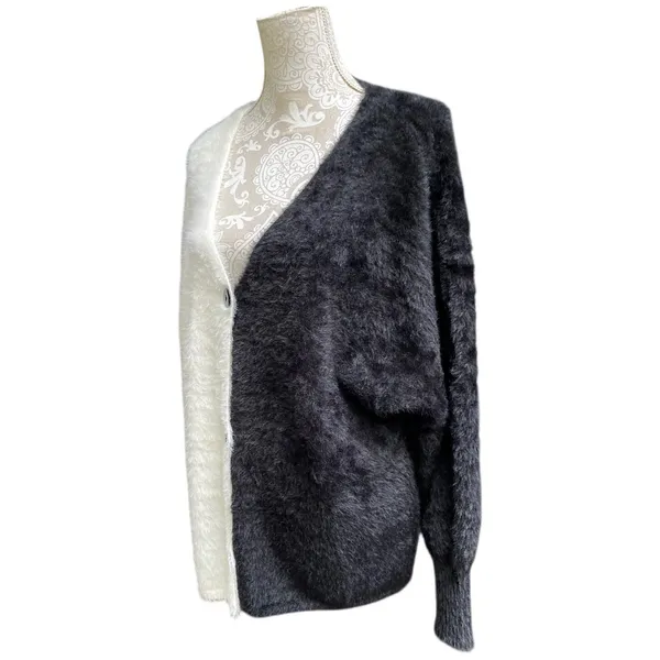 Black White Colorblock Fuzzy Cardigan Sweater Size XL Oversized Drop Shoulder - Image 6