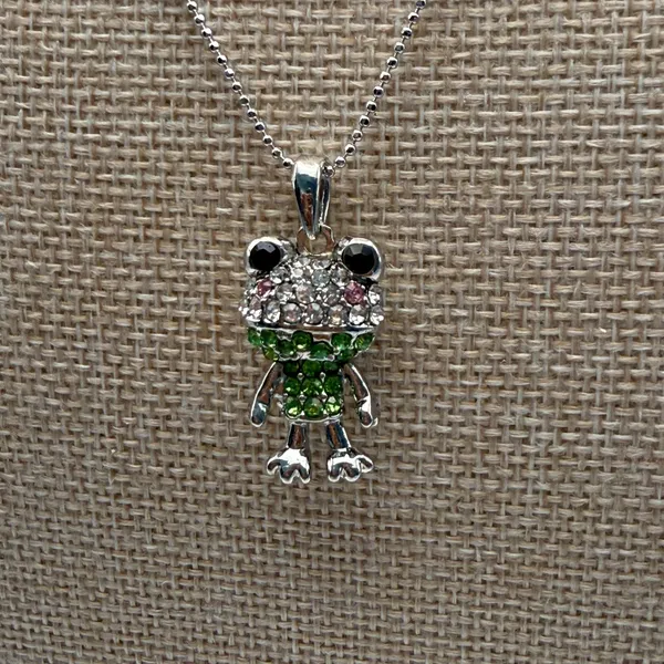Silver‎ Green Rhinestone Frog Pendant Necklace Ball Chain Kidcore Coquette - Image 3