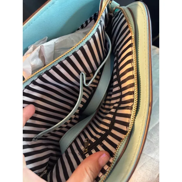Blue Saffiano Dome Satchel Bag with Gold Heart Detail and Striped Lining - Image 9