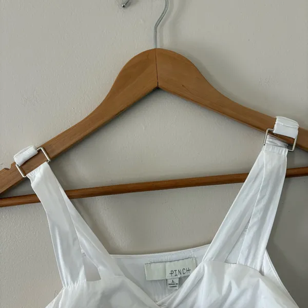 Pinch Tiered Midi Dress Cotton Poplin Sundress Pockets‎ Sleeveless White Size L - Image 3