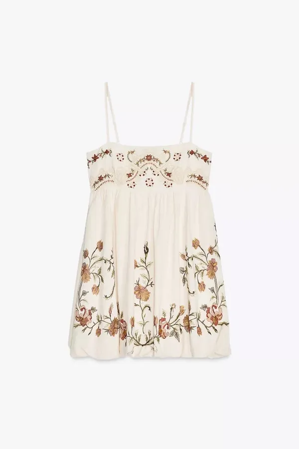 Zara Cream Floral Embroidered Spaghetti-Strap Mini Bohemian Dress - Image 5