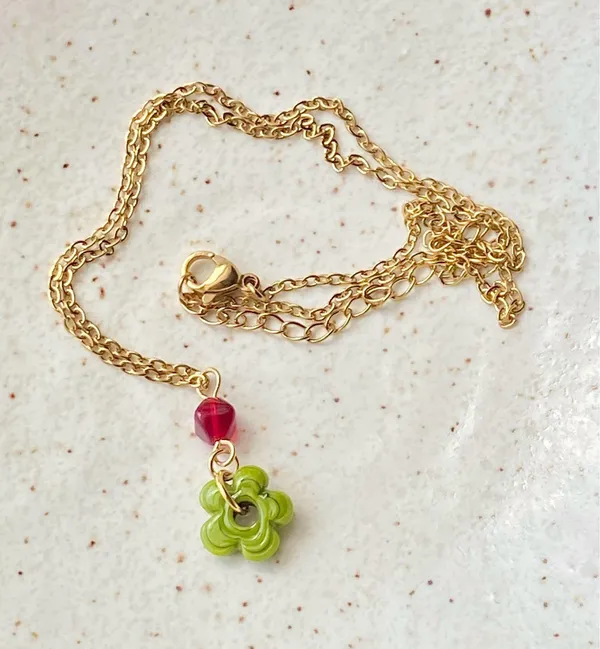 Handmade artisan chunky mini flower glass beads & red Czech glass beads cute fairy cottage chic necklace 💐🩵 - Image 7