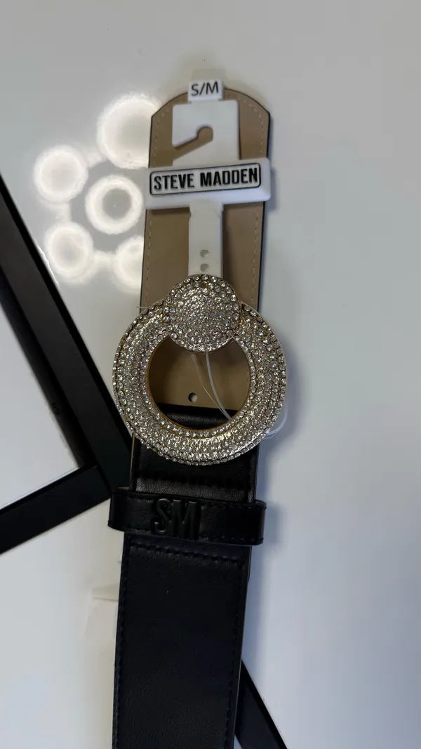 Steve Madden Women's Rhinestone Circle Buckle Elastic Waist Belt – Black/Gold, NWT - Image 2