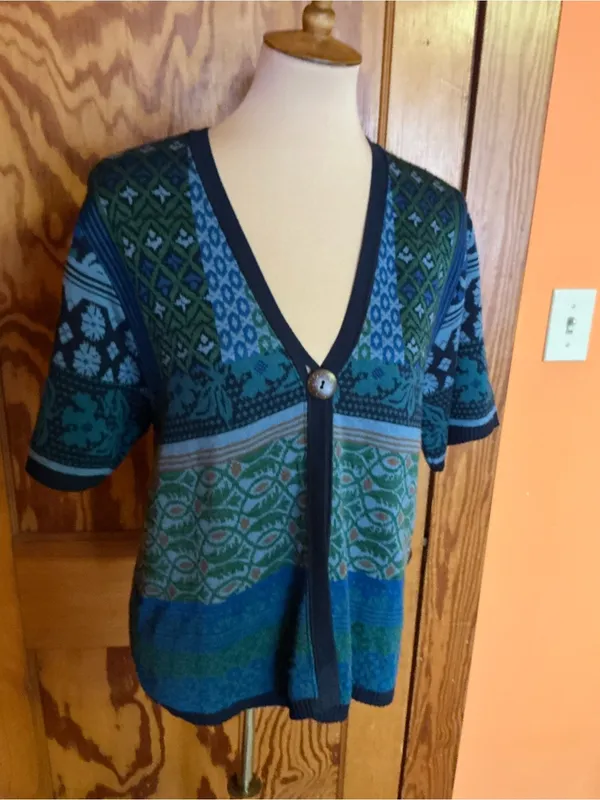 Coldwater Creek USA Mixed Pattern Cardigan Blue Green Rayon Knit Boho Sweater - Image 7