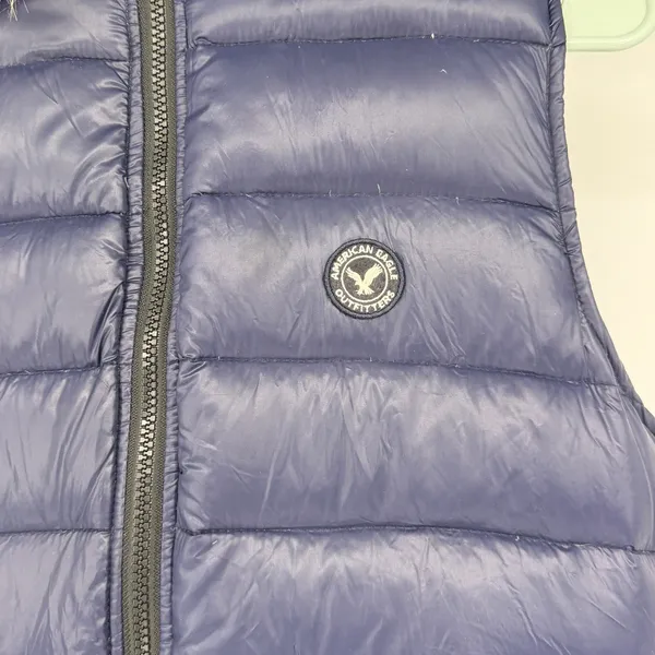 American Eagle Navy Blue‎ Down Puffer Vest Faux Fur Hood Sherpa Lined Large Y2K - Image 3