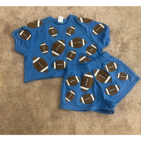 Queen of Sparkles Royal & Brown Fuzzy Football S Set Sweatshirt And Shorts BYU - Image 2