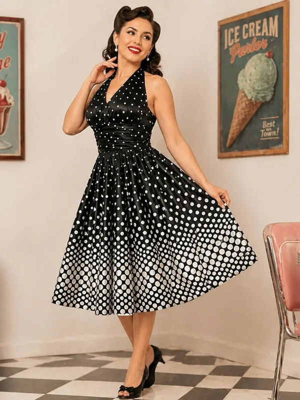 Eliza J Polka Dot Halter Dress - Size 6 NWT - Retro Fit & Flare Black White - Image 3