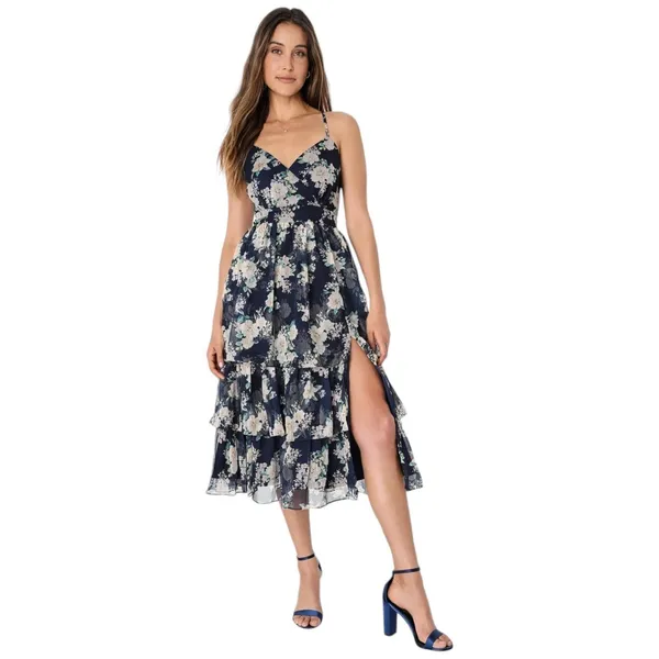Lulus Cultivate Crushes Navy Floral Print Tiered Ruffled Midi Dress Size S - Image 7