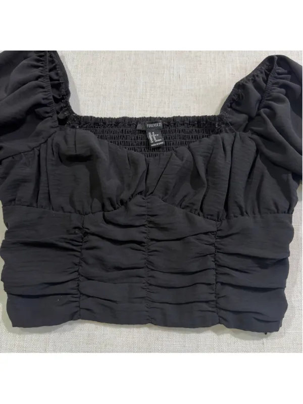 Forever 21 Women’s M Black Ruched Puff Sleeve Cropped Top - Image 5