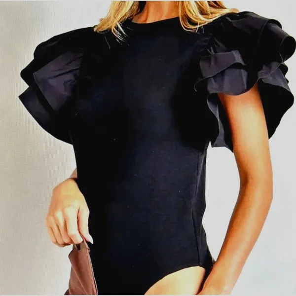 Zara Puff Sleeve Ribbed Bodysuit - Black - size S - Image 4