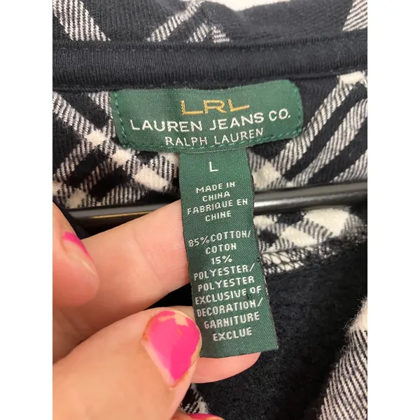 Lauren Ralph Lauren Hoodie Women L Navy Blue Excellent Button Front Plaid Hood - Image 3