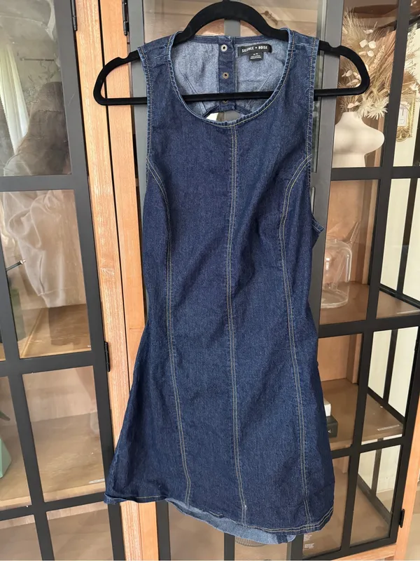 Silence + Noise Lilith Denim mini dress open back Cutout Shift dark wash UO - Image 2