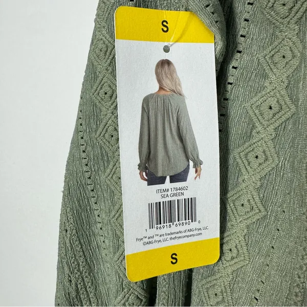Frye Embroidered Boho Blouse Smocked Cuff Split Neck Green Long Sleeve S NWT - Image 5