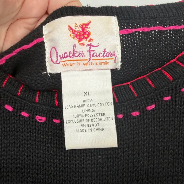 Quacker Factory Womens XL Black‎ Christmas Tree Embroidered Sweater Ramie Cotton - Image 3