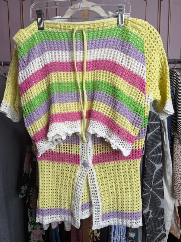 Blue Blush Crochet Knit Stripe Skirt Set | Pastel Rainbow Two-Piece Cover Up Set - Image 9