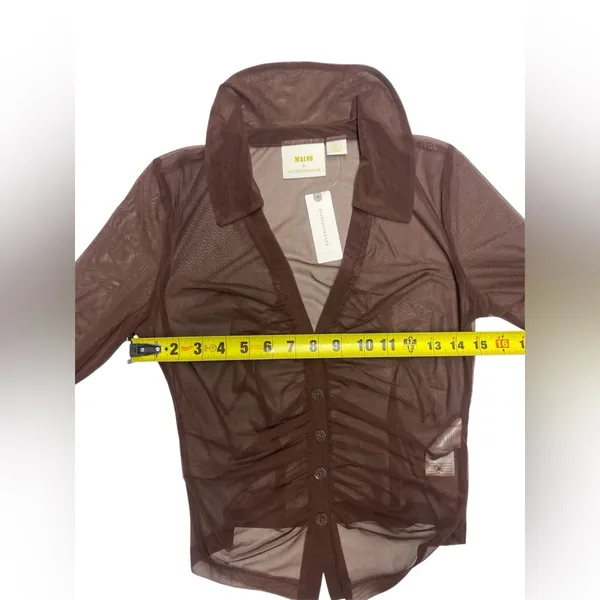 NWT Maeve by Anthropologie Brown Sheer Ruched Buttondown Blouse Women’s Size:S - Image 5