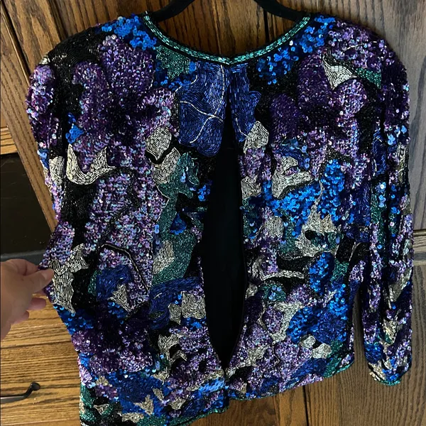 Black Tie Oleg Cassini sequin beaded blouse top VTG‎ teal sparkle cocktail Large - Image 5