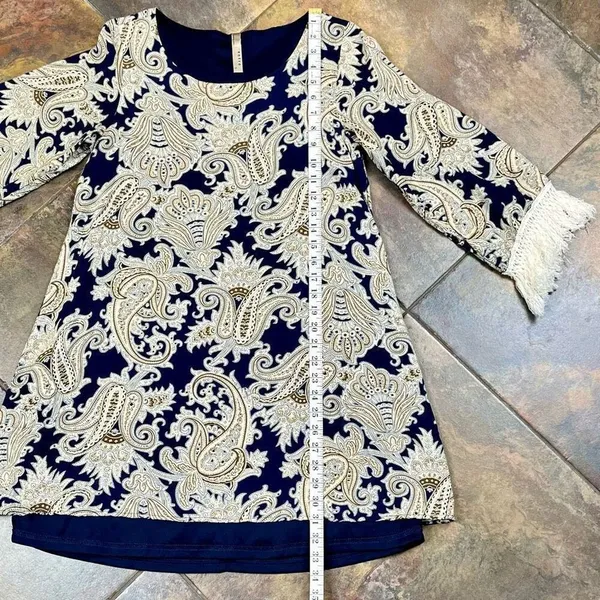 Entro Women’s Paisley Crewneck Long Sleeve Fringe Dress Small - Image 8