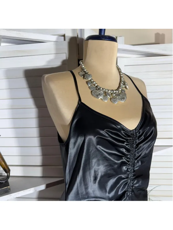 Black satin slip dress ruched front sweetheart cocktail whimsigoth punk alt sz M - Image 5