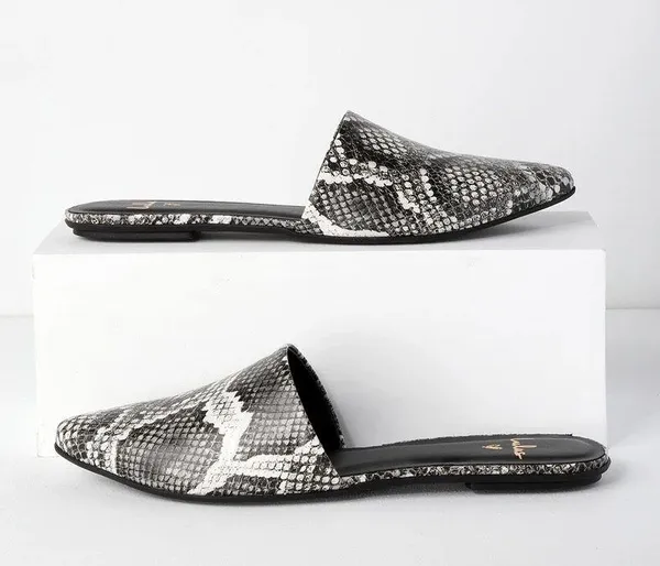 Lorena Leather Black and White Snake Pointed-Toe Slides - Image 4
