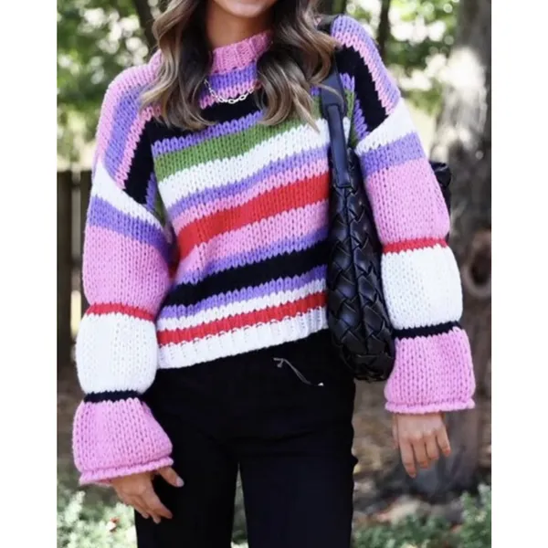 BiBi Sweater M Chunky Knit Striped Bell Sleeve Crop Pullover Colorful Boho NWT - Image 9
