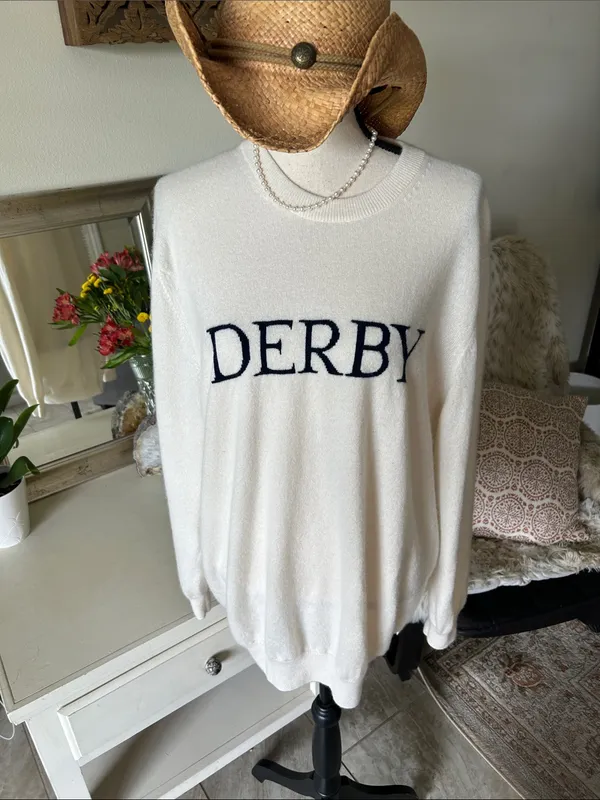Vineyard Vines Kentucky Derby Cream navy 100% Cashmere crew neck sweater XL - Image 9