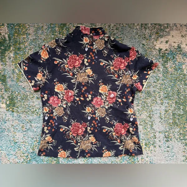 Vintage Asian inspired floral button front blouse, size medium Blue - Image 7