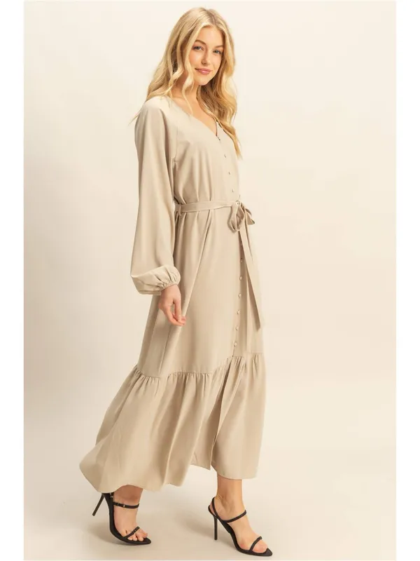 HYFVE Tan V-Neck Tie-Waist Maxi Dress - Image 2