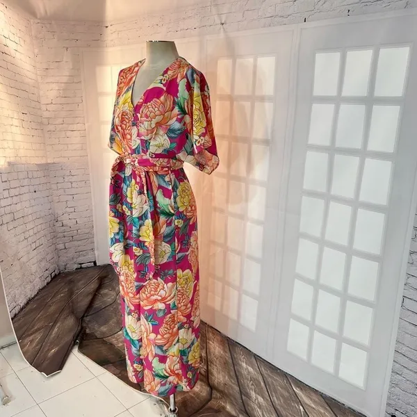 Farm Rio Anthropologie Eulalie pink floral Wide-Leg Jumpsuit size XS - Image 6