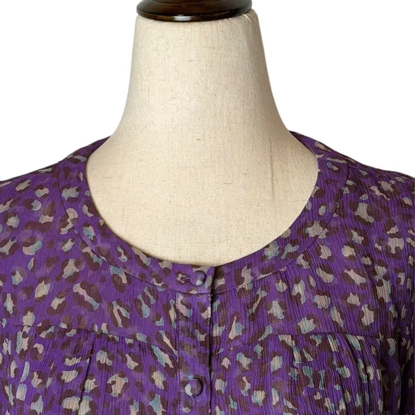 Bryan Bradley Shirt Women Small Purple‎ Leopard Print Silk Button Front Blouse - Image 4