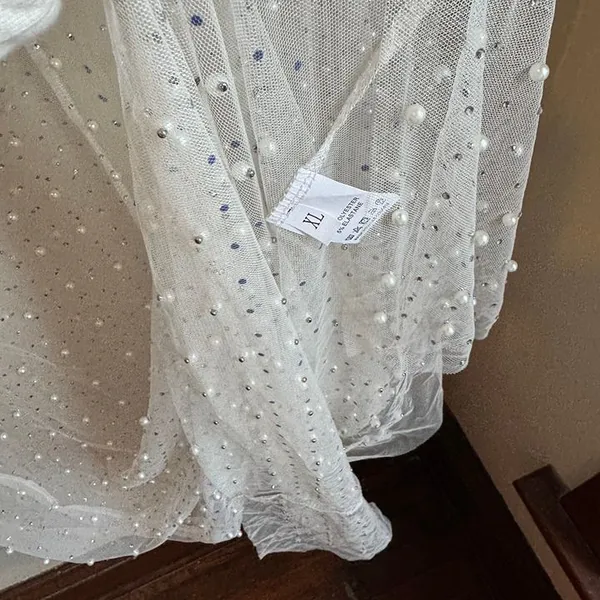 Women Sexy Sheer Mesh Pearls Beaded Cami Wedding Pearl Rhinestone Dress - Image 5