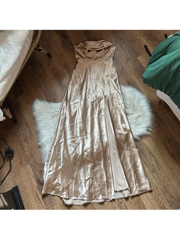 BIRDY GREY Mia Shiny Satin Strapless Maxi Dress In Gold - Image 3