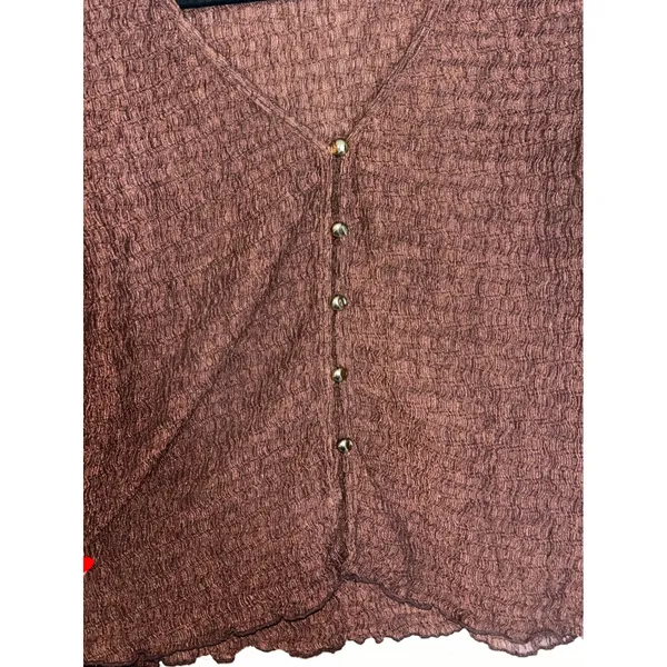 HM Womens Textured Crinkle Cardigan Top Brown Gold Button V-Neck Large 1283685-1 - Image 5
