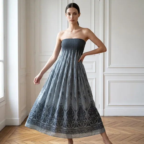 Lapis Anthropologie Womens Strapless Smocked Maxi Dress Damask Floral Boho OS - Image 5