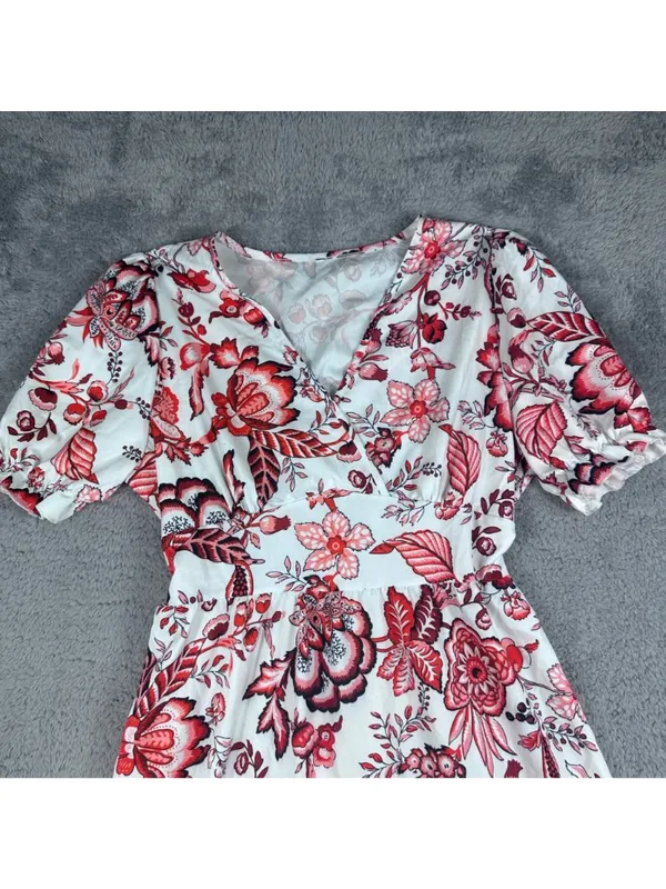 Floral V-Neck Midi Dress With Puff Sleeves & Ruffled Hem Red & White - Image 5