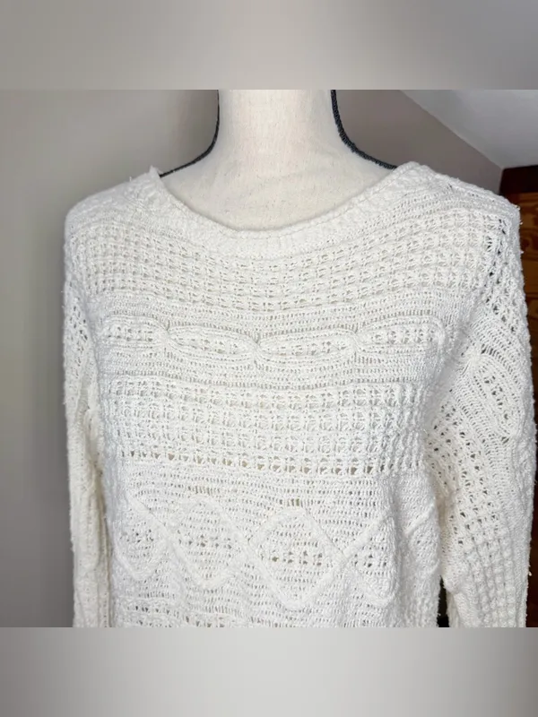 Abercrombie & Fitch Cream Ivory Mixed Open Knit Long Sleeve Sweater Medium M - Image 3