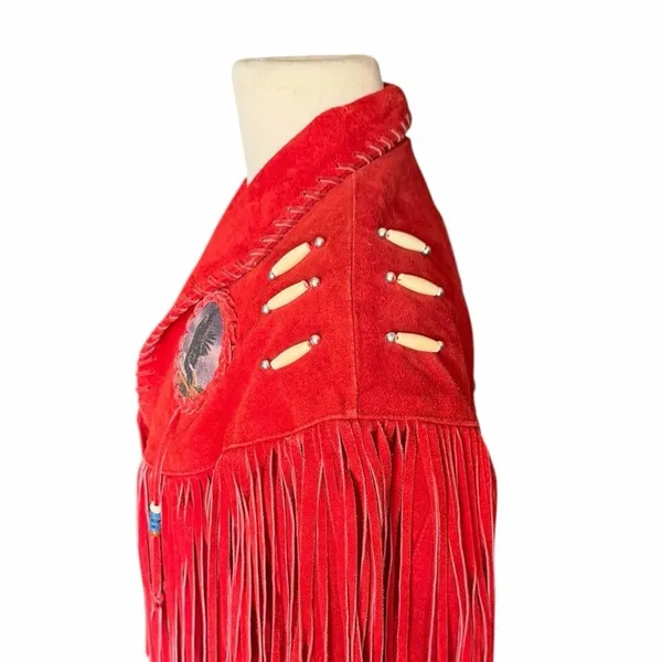 Vintage Red Suede Fringe Jacket Eagle Beaded Western Southwestern Women’s Large - Image 13