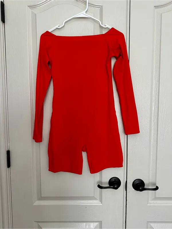 SKIMS Off-Shoulder Long Sleeve Bodysuit Romper in Ruby - Image 5