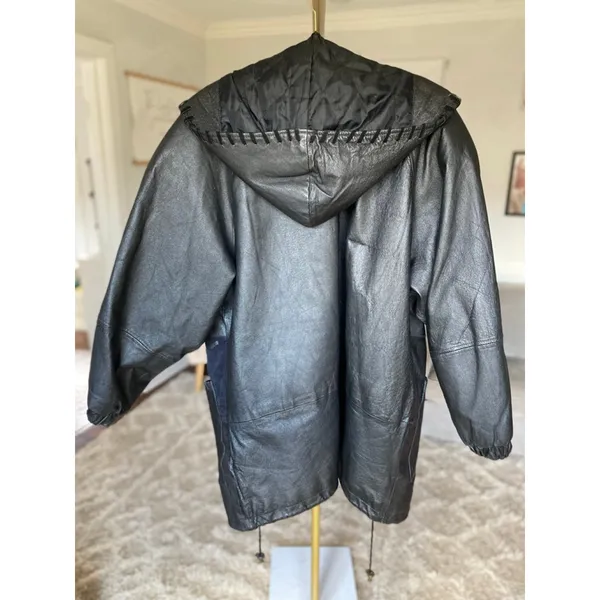 Vintage Winlit Leather Patchwork Coat Hooded Artisanal Eclectic Y2K Indie Sleaze - Image 3