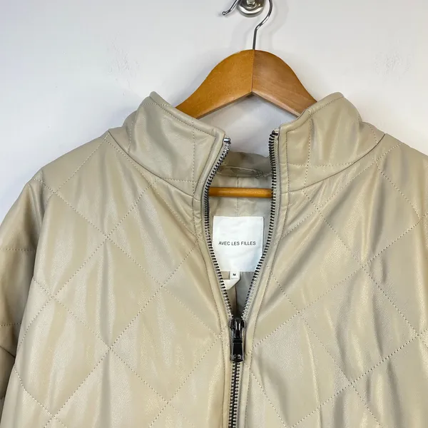 Avec Les Filles Faux Leather Vegan Diamond Quilted Coat Womens M Neutral new - Image 3