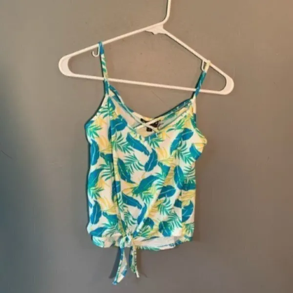 NWT Poof! Women's Juniors Size Small Tank Top White Tropical Floral Blue Green - Image 2