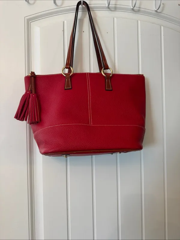 Dooney & Bourke Red Pebbled Leather Tote with Brown Handles - Image 2